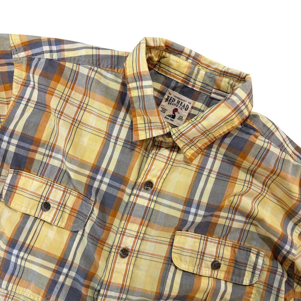 RED HEAD Mens XL Plaid Short Sleeve Button Front Shirt Yellow Gray‎ Cotton